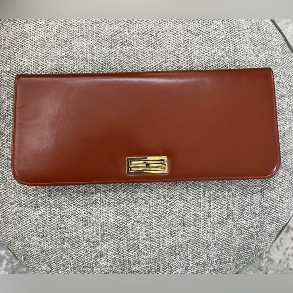 VINTAGE Brown Clutch Bag Gold Tone Clasp Retro Style Minimalist Chic